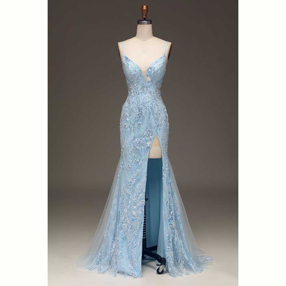 Elegant Satin Evening Gown Split - Robe de soirée en Satin bleu