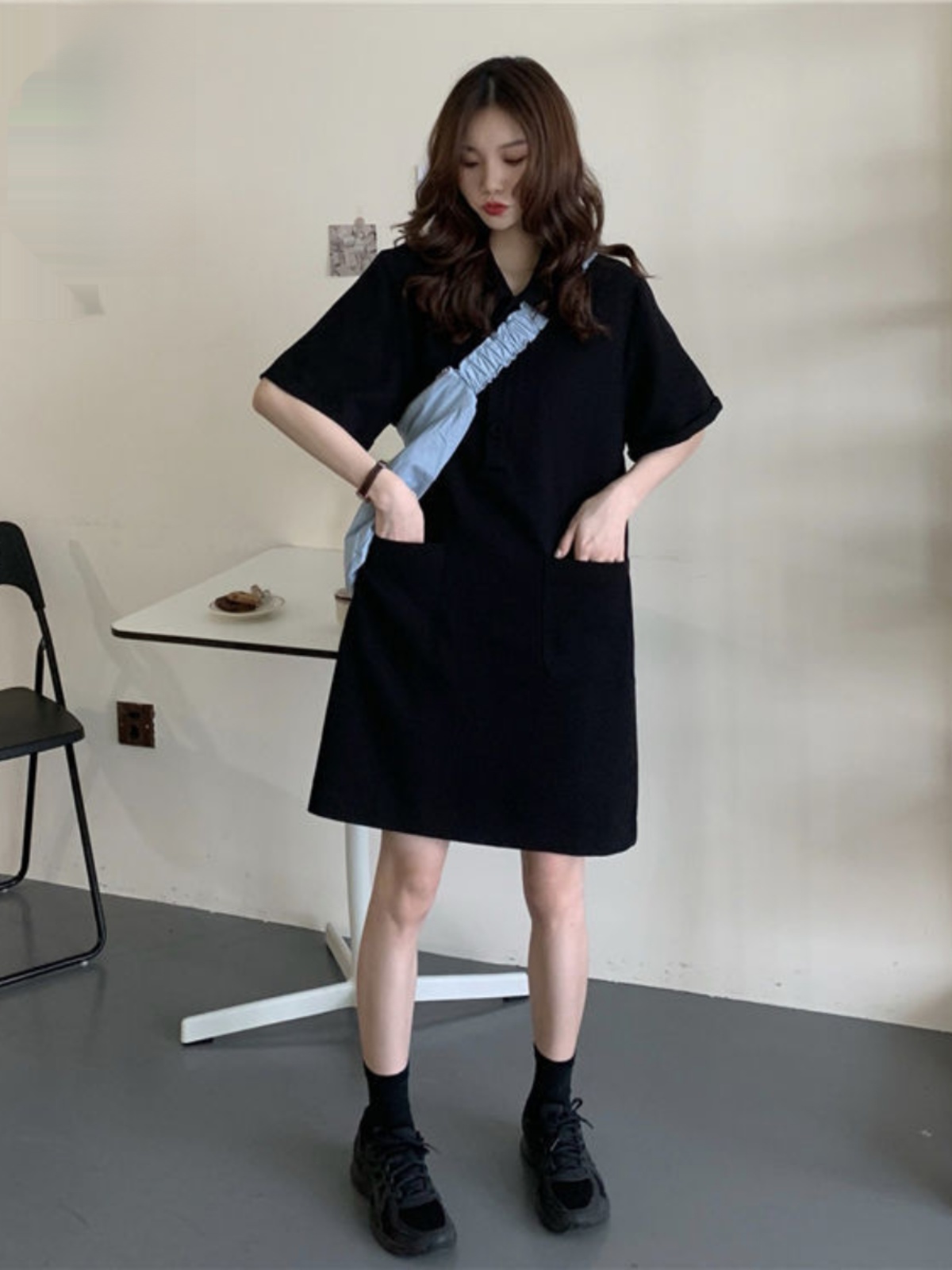 Korean Style A Line Shirt Dress - Robe trapèze grande taille à col