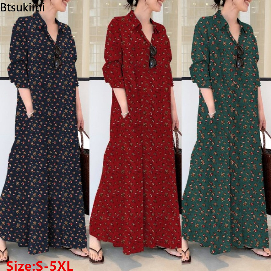 Casual Loose Linen Shirt Dress - Nouvelle robe longue imprimée pour femme,