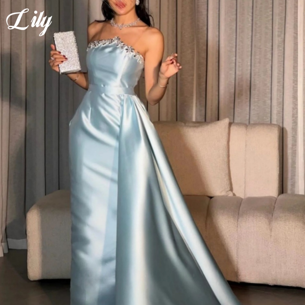 Elegant Satin Evening Gown Split - Lily bleu robe formelle élégante strass