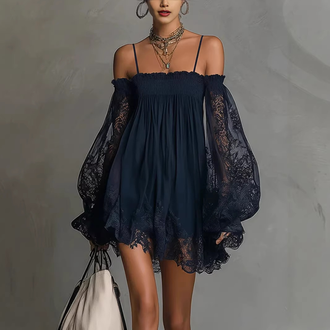 French Vintage Floral Midi Dress - Robe Courte Élégante Femme Épaules Dénudées,