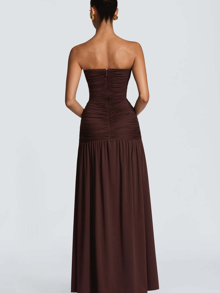 Elegant Satin Evening Gown Split - Robe longue élégante plissée unie pour