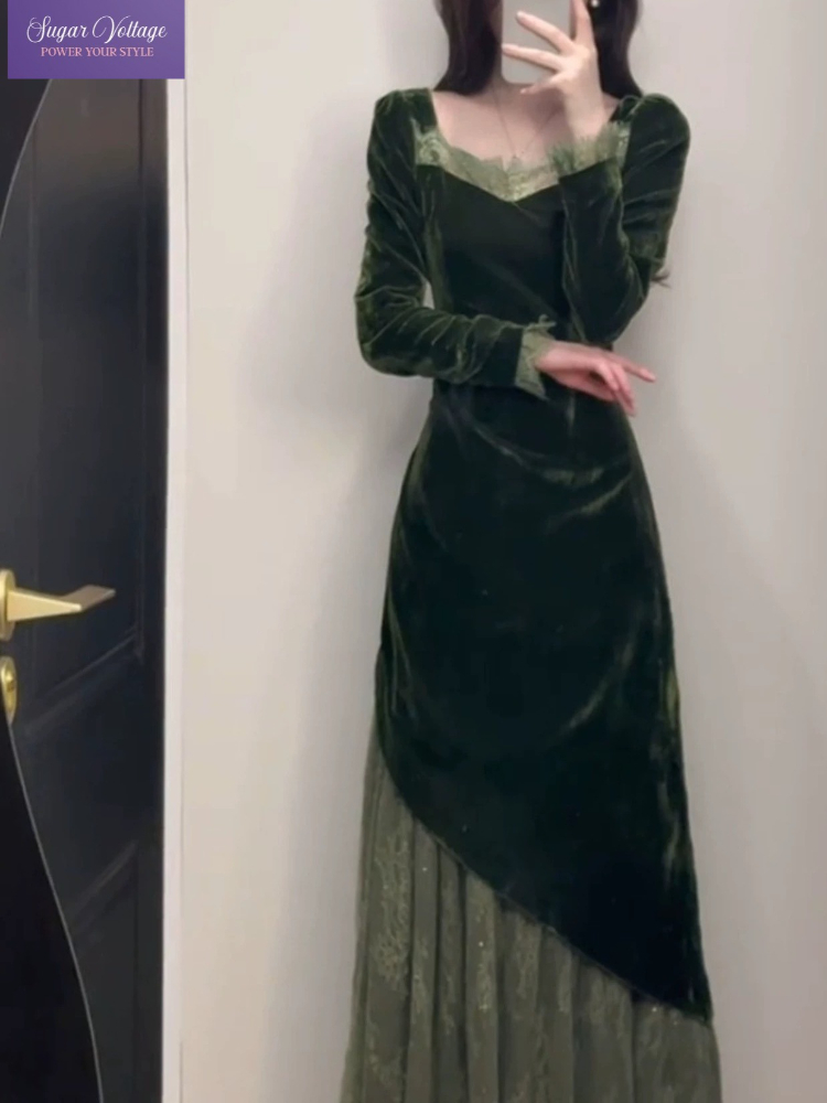 French Vintage Floral Midi Dress - Robe française Vintage élégante en velours
