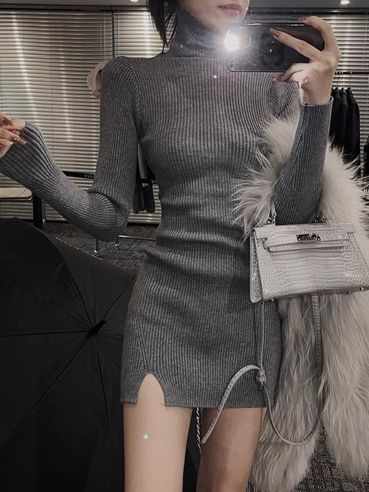 Robe courte moulante en tricot - Bodycon Long Sleeve Ribbed Dress avis et prix