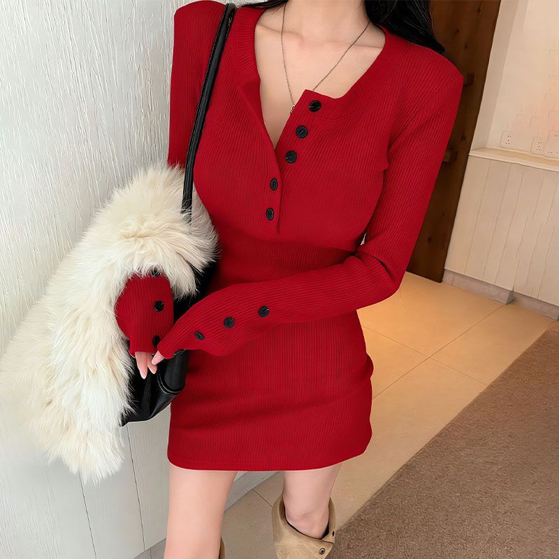 Robes en tricot moulantes pour - Bodycon Long Sleeve Ribbed Dress avis et prix