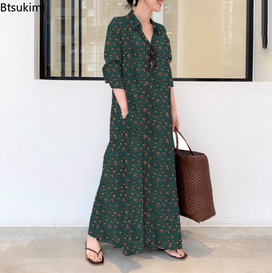 Nouvelle robe longue imprimée  - Casual Loose Linen Shirt Dress avis et prix