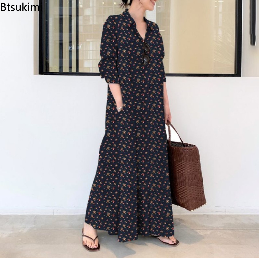 Nouvelle robe longue imprimée  - Casual Loose Linen Shirt Dress avis et prix