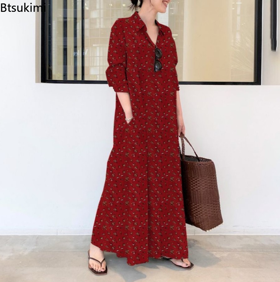 Nouvelle robe longue imprimée  - Casual Loose Linen Shirt Dress avis et prix