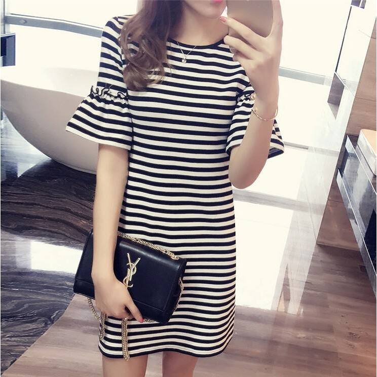 Robe d'été rayée pour femme, l - Korean Style A Line Shirt Dress avis et prix