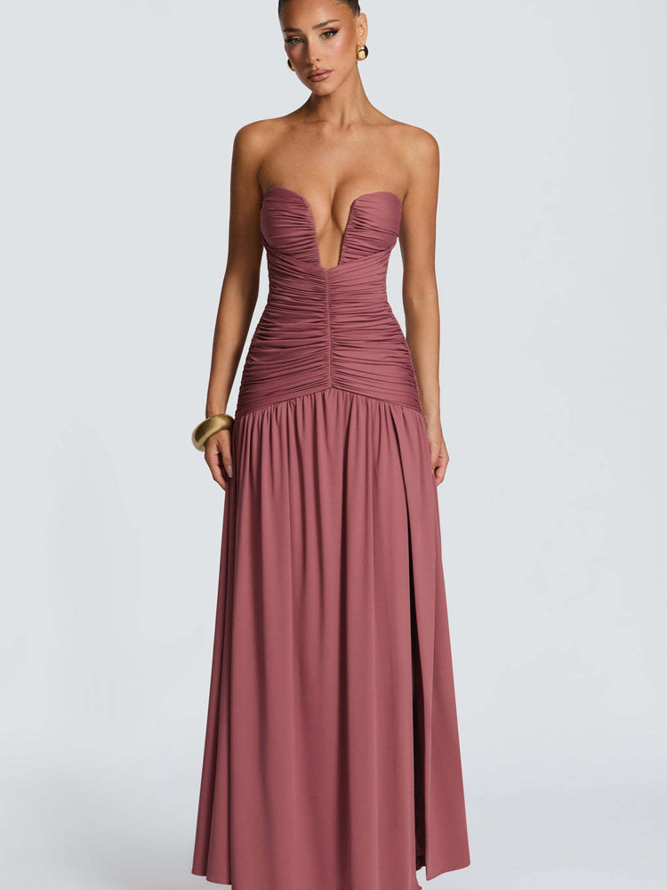 Robe longue élégante plissée u - Elegant Satin Evening Gown Split avis et prix