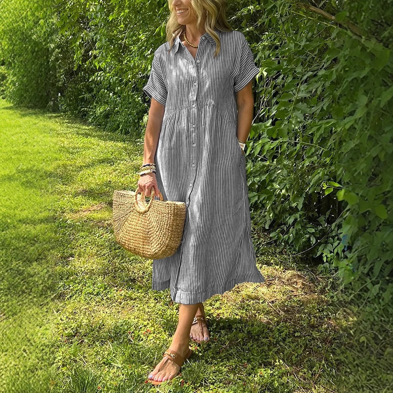 Robe chemise rayée pour femmes - Casual Loose Linen Shirt Dress avis et prix